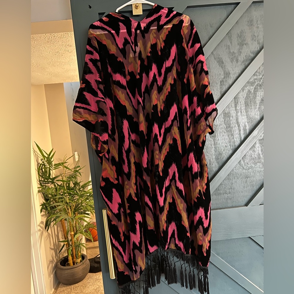 Free People Dripping Velvet Pink and Black Duster with fringe NWT